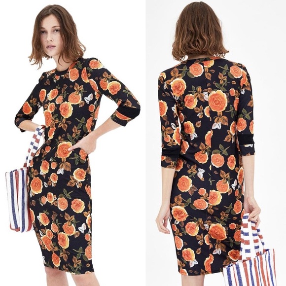Zara Dresses & Skirts - ZARA Black Orange Floral Midi Bodycon Dress, S